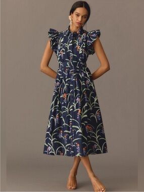 Maeve Anthropologie 100% cotton Ruffle Floral Shirt Midi Dress Navy XS